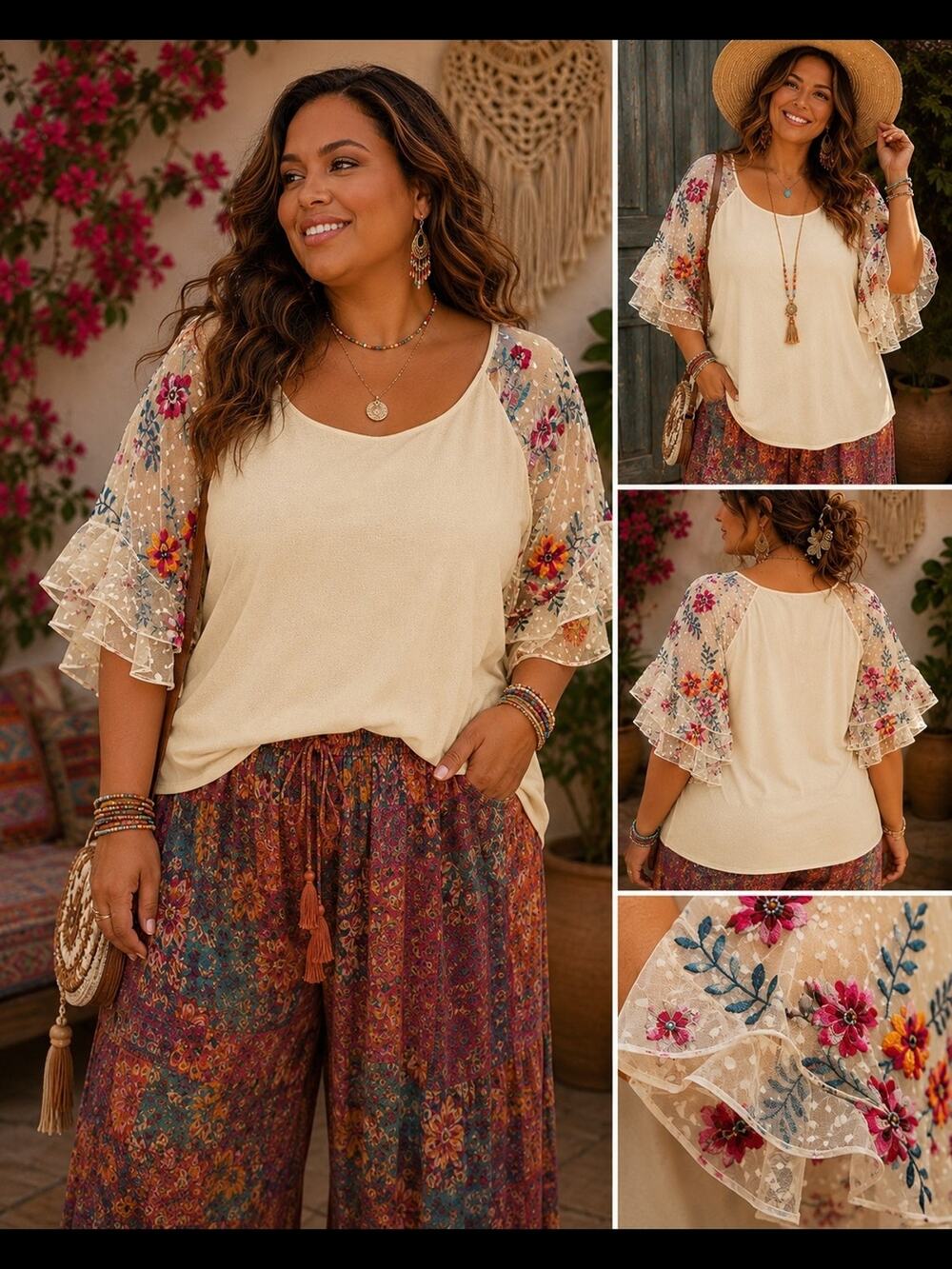 Umgee Boho Cream Blouse with Colorful Embroidered Sheer Sleeves SZ 1X - Picture 1 of 5